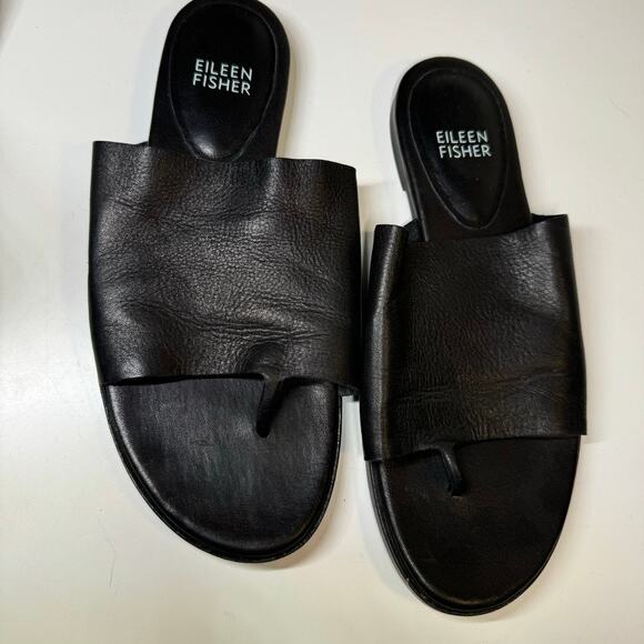 Eileen Fisher Black Leather Toe Ring Slides Sandals 6.5 Vero Cuoio Minimalist - Picture 3 of 6